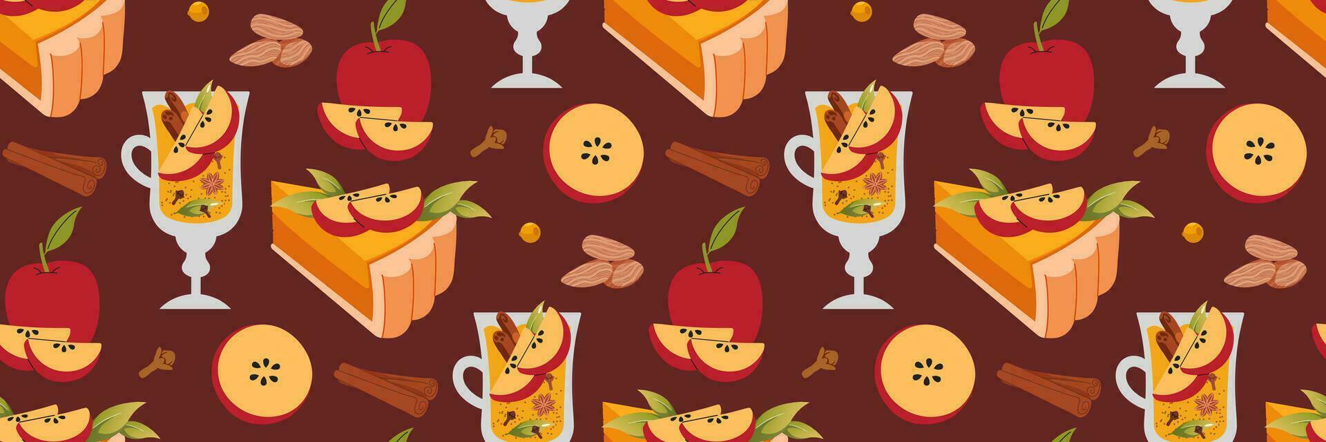 Apple pie slice seamless pattern. Delicious sweet apple pastries. Hand-drawn cake, punch and spices. vector