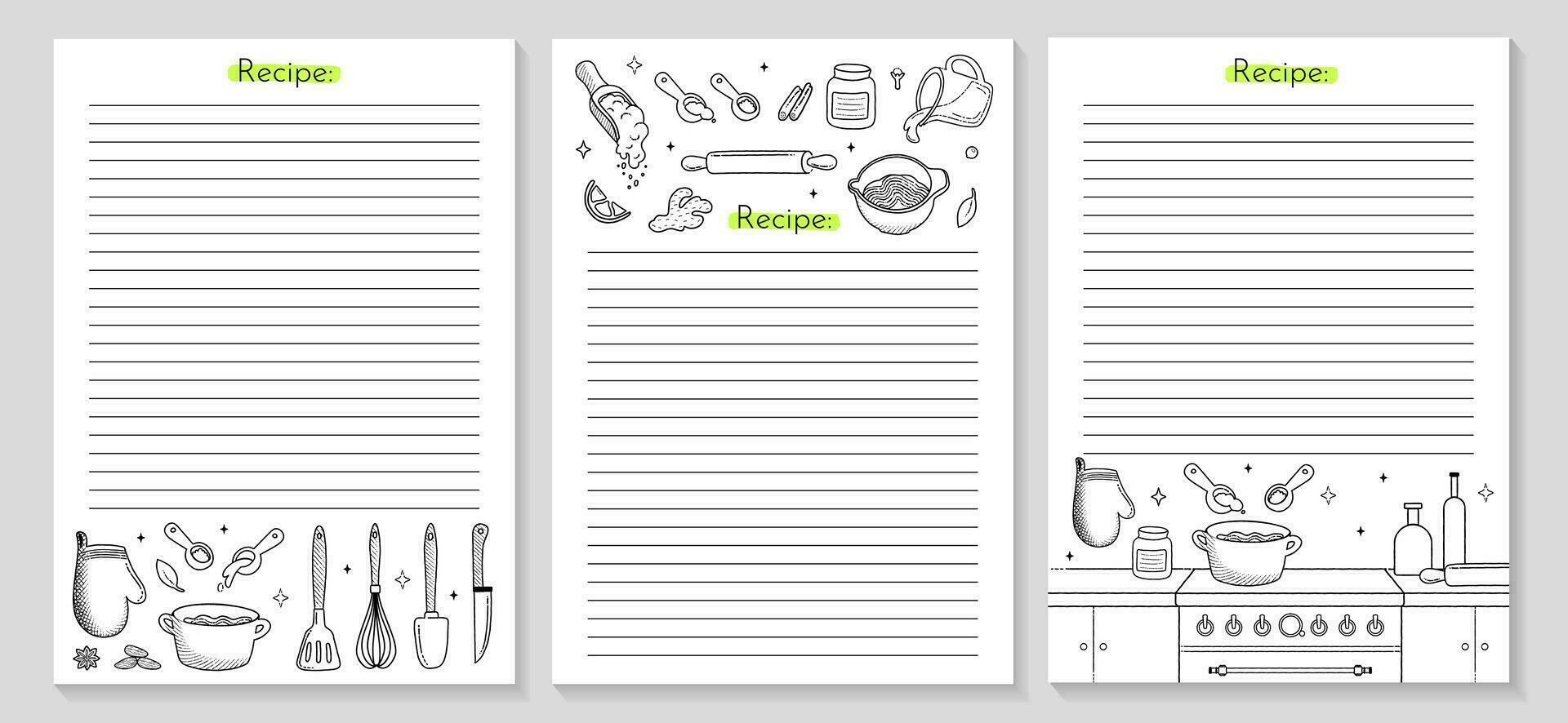 Cooking recipe 3 posters with Kitchen utensils outline icon. Empty cookbook pages for homemade baking. vector