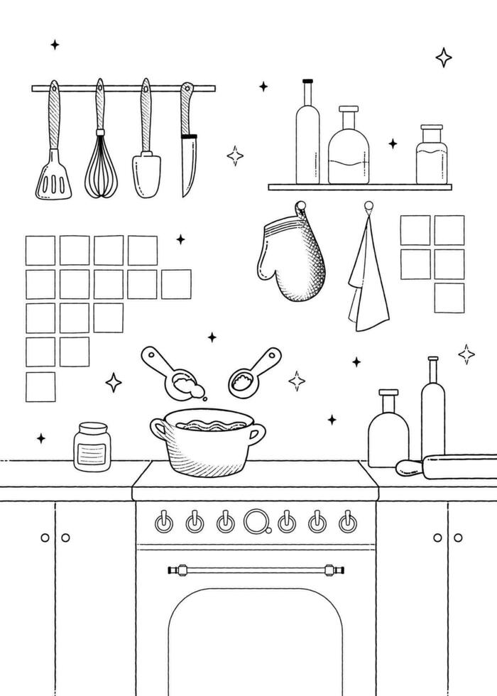 Vertical outline illustration of home kitchen. Kitchen utensils, cooking process on stove, shelves. vector