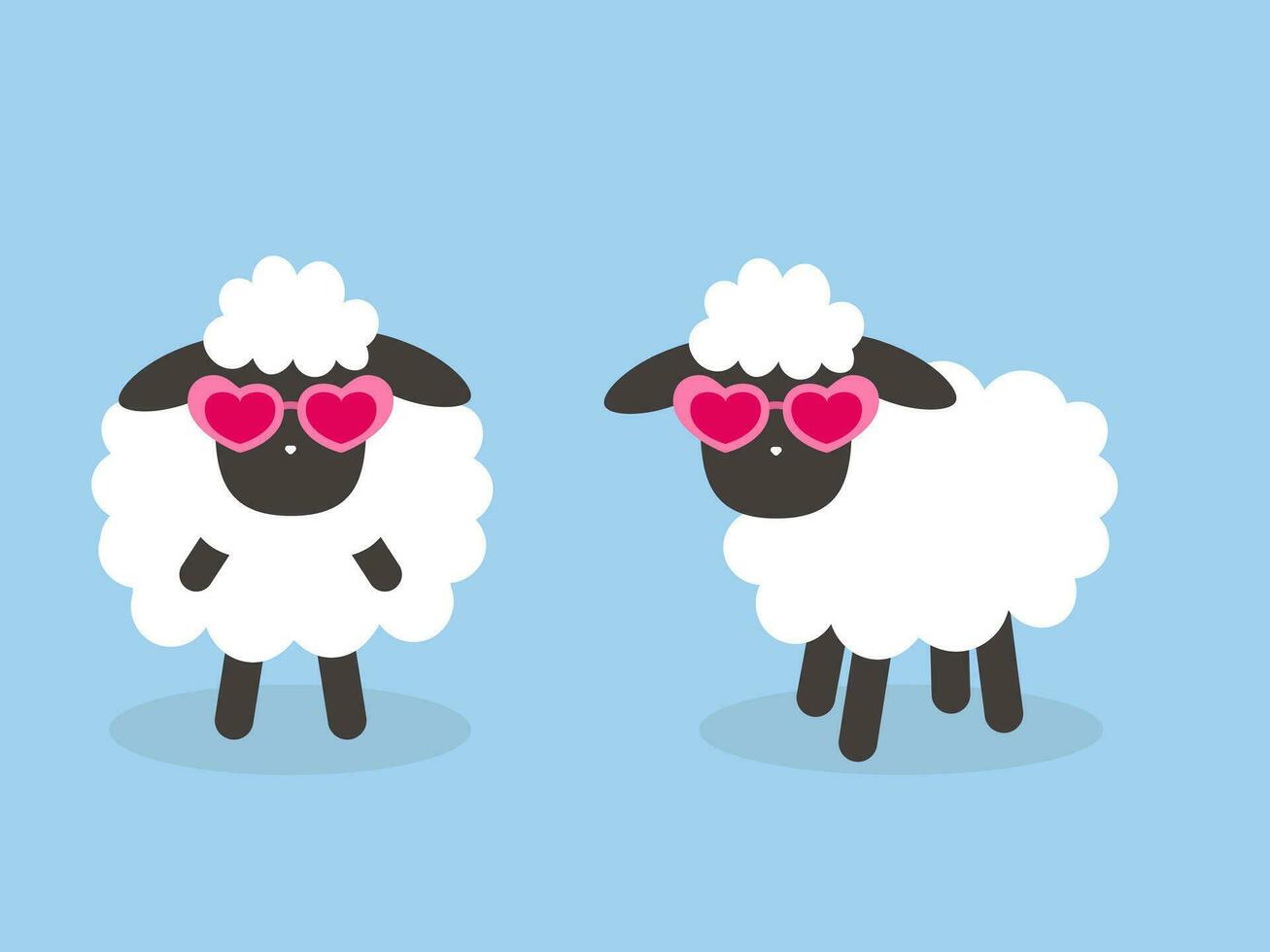 Sheep wearing pink heart shaped glasses. Cartoon drawing vector illustration on blue background
