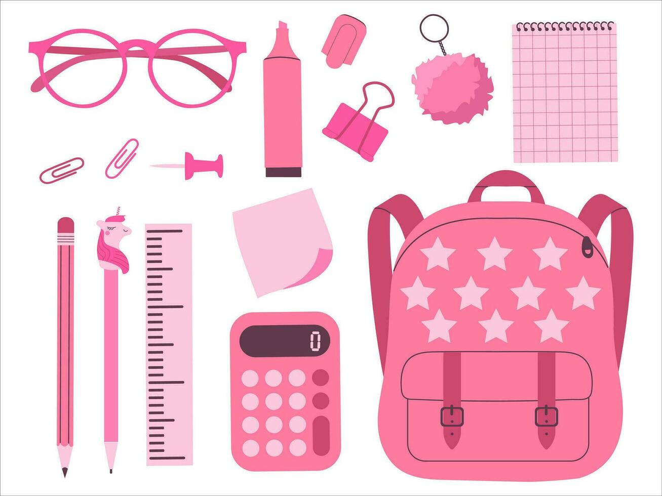 Pink school accessories set in flat style. Vector illustration