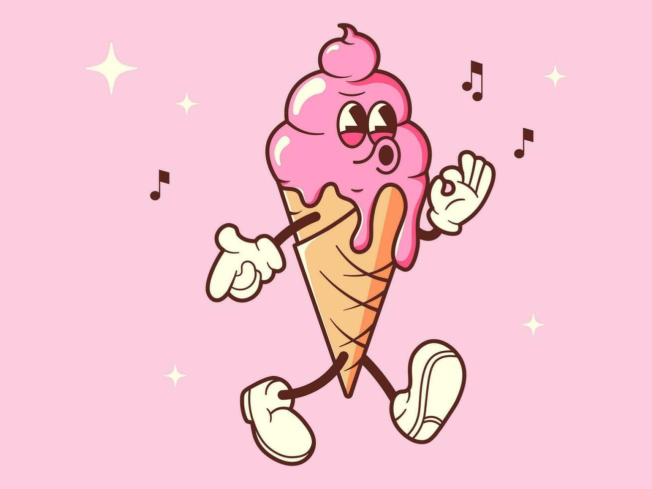 Vintage groovy ice cream. Retro character with arms and legs. Cartoon vector Vector illustration