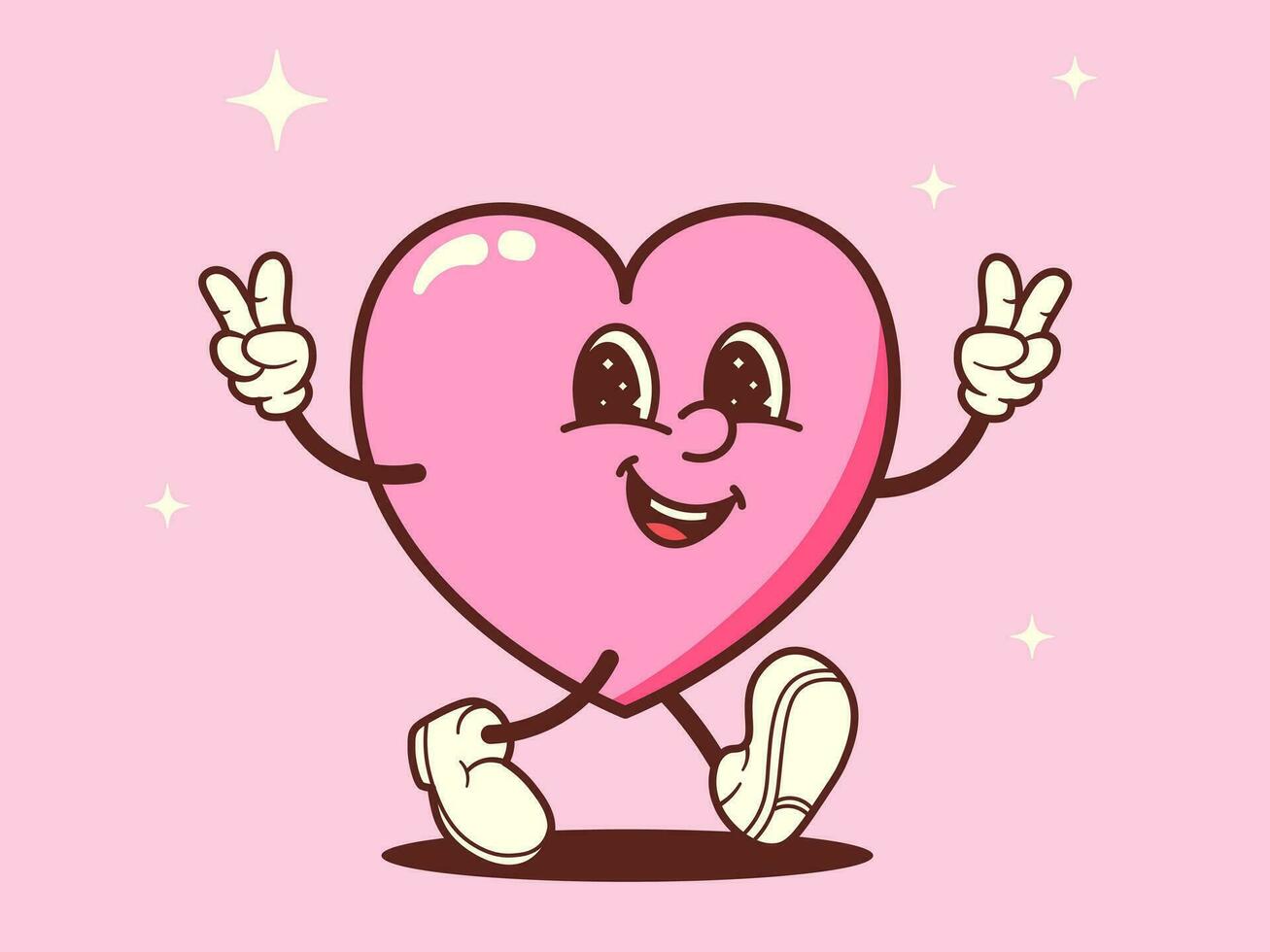 Vintage groovy heart. Retro character with arms and legs. Cartoon Romantic mascot Vector illustration