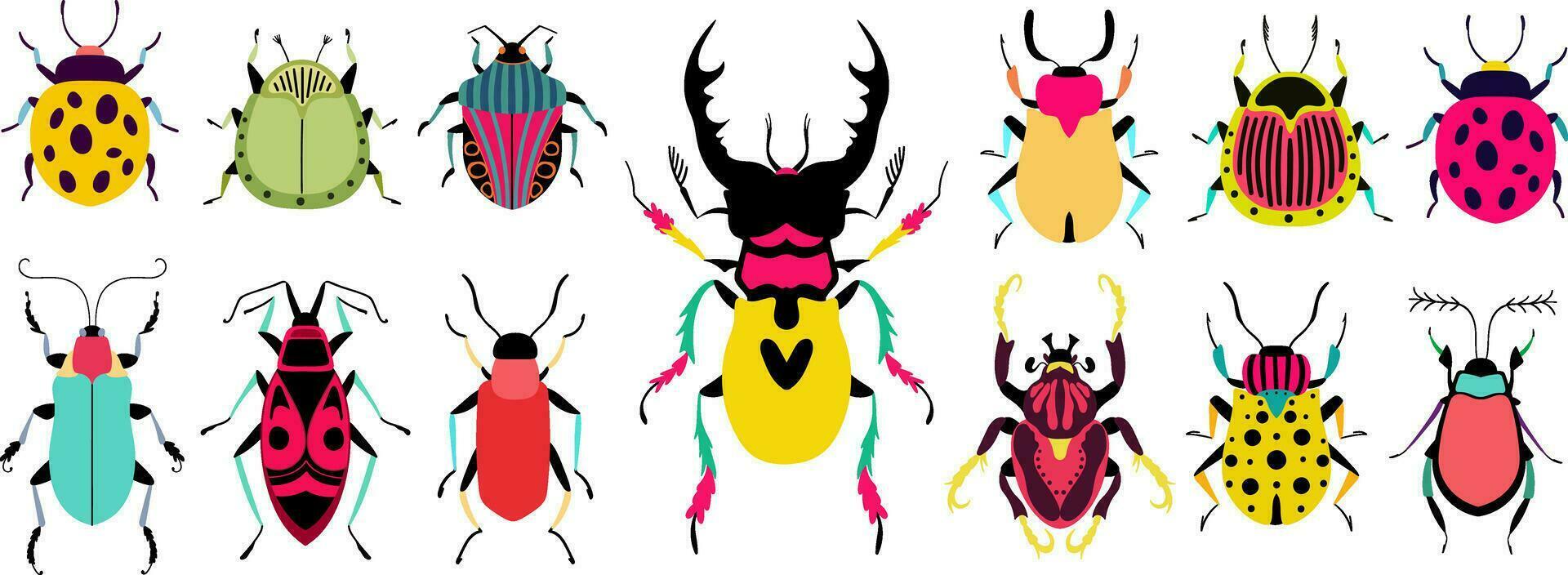 Funny insects. Set with colorful beetles. Hand drawing illustration. vector