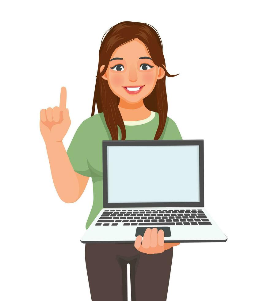 joven mujer participación ordenador portátil con vacío pantalla señalando dedo para Copiar espacio vector