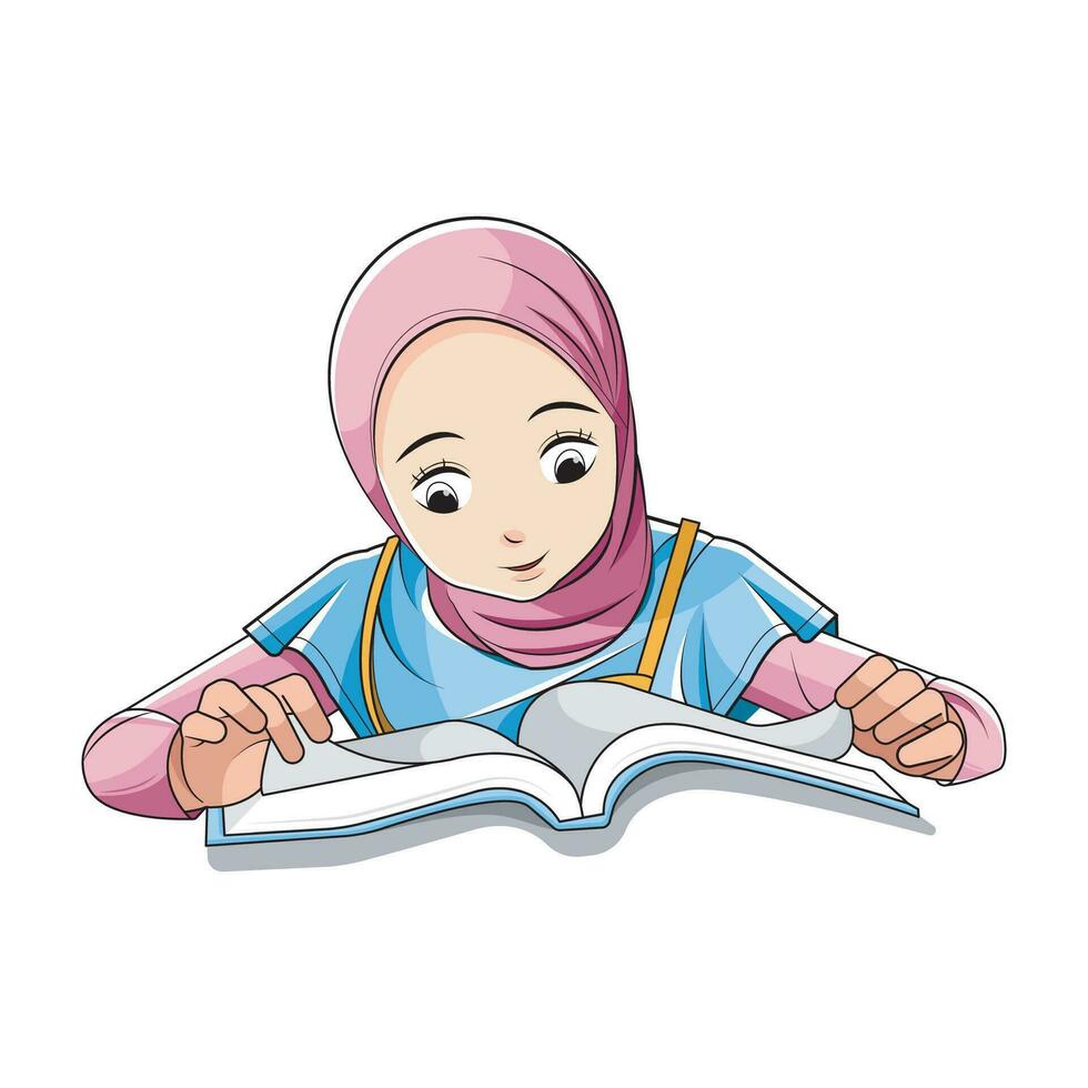 Smart kid. Girls in hijab love reading books. Vector illustration