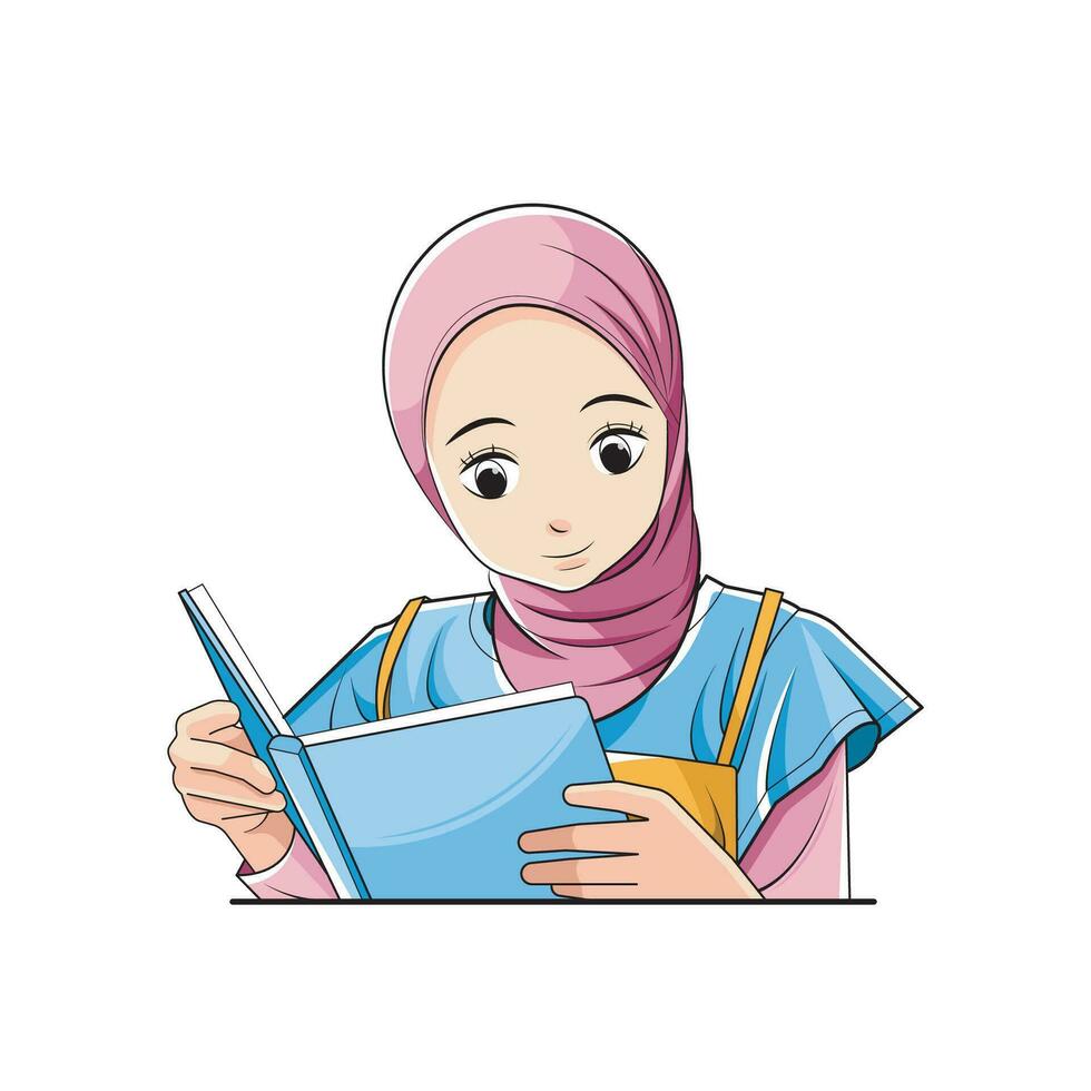 Smart kid. Girls in hijab love reading books. Vector illustration