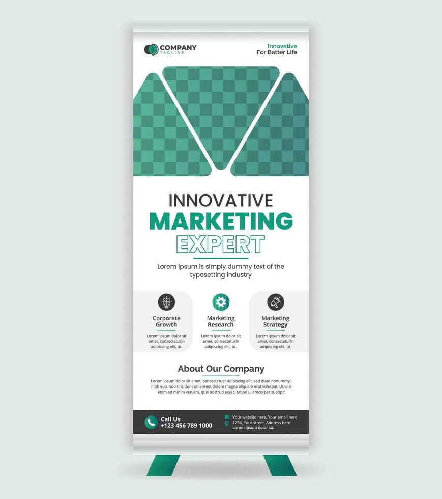 Business Roll-Up Banner Stand Poster, pull-up design, modern x-banner, rectangle size. vector