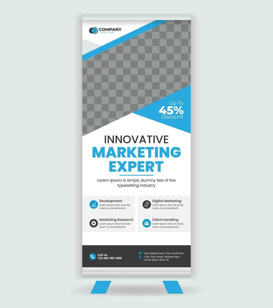 Business Roll-Up Banner Stand Poster, pull-up design, modern x-banner, rectangle size. vector