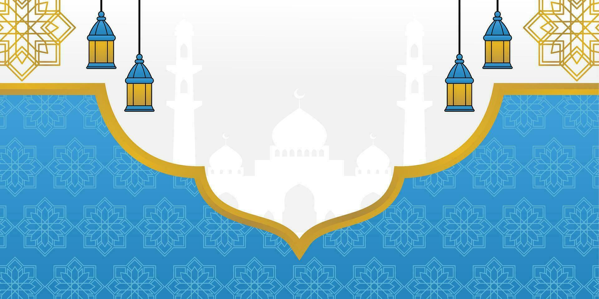 azul islámico fondo, con linterna ornamento, mandala y mezquita silueta. vector modelo para bandera, saludo tarjeta para islámico vacaciones, eid al fitr, ramadán, eid al-adha
