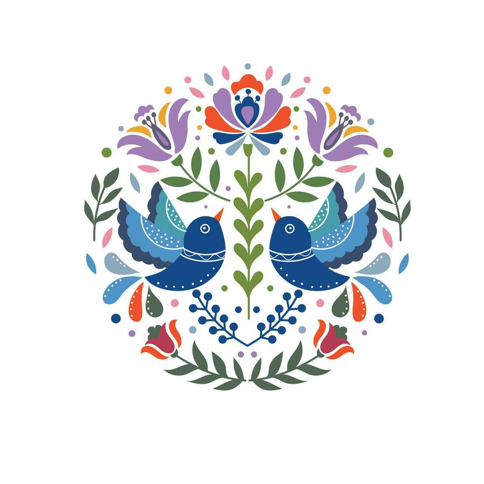 Scandianvian traditional folk art ornament vector design with flowers and birds