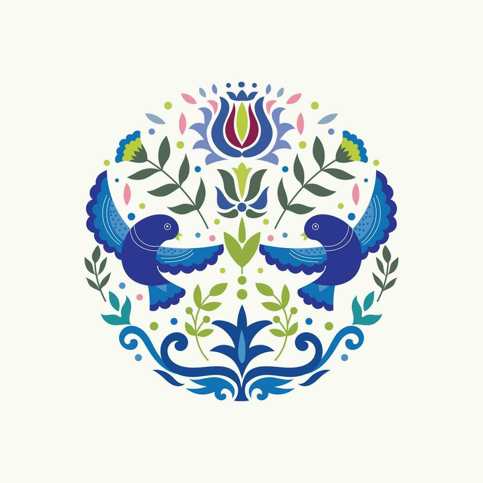 Scandianvian traditional folk art ornament vector design with flowers and birds