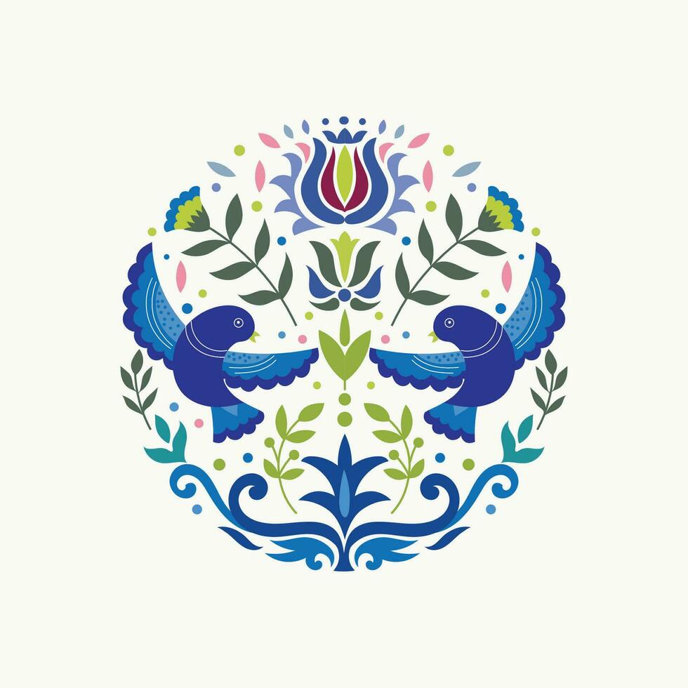 Scandianvian traditional folk art ornament vector design with flowers and birds