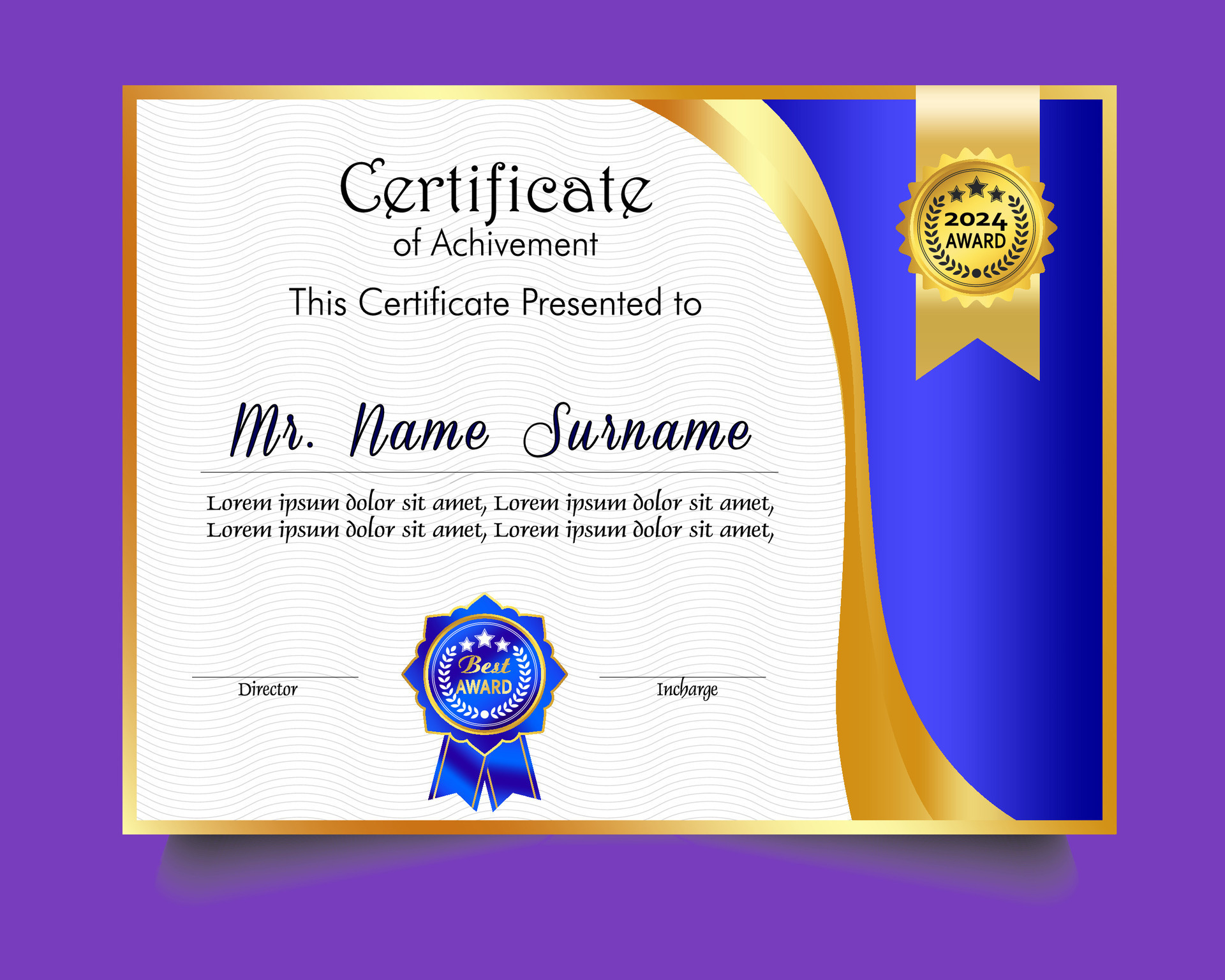 Certificate of achievement template set with gold badge and border