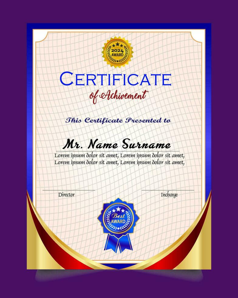 Certificate of achievement template set with gold badge and border, Appreciation and Achievement Certificate Template Design. Elegant diploma certificate template vector