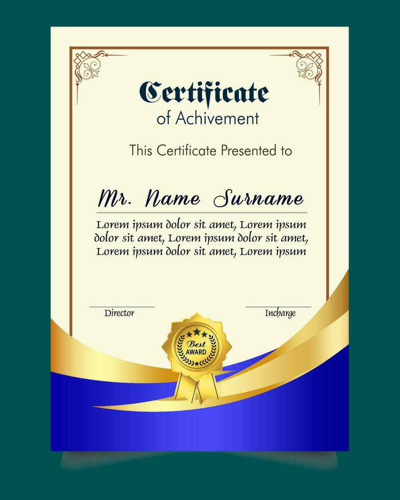 certificado de logro modelo conjunto con oro Insignia y borde, apreciación y logro certificado modelo diseño. elegante diploma certificado modelo vector