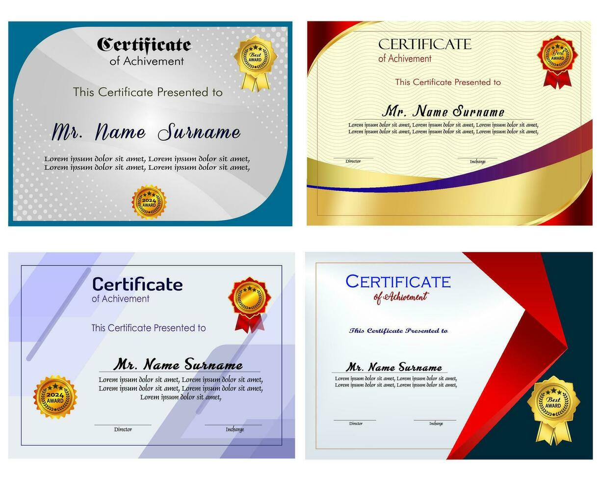 certificado de logro modelo conjunto con oro Insignia y borde, apreciación y logro certificado modelo diseño. elegante diploma certificado modelo vector