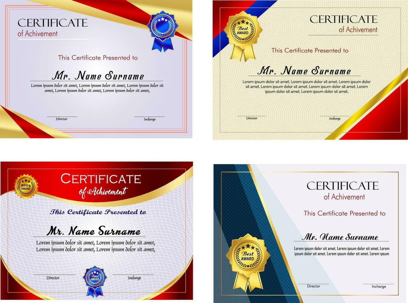 Certificate of achievement template set with gold badge and border, Appreciation and Achievement Certificate Template Design. Elegant diploma certificate template vector