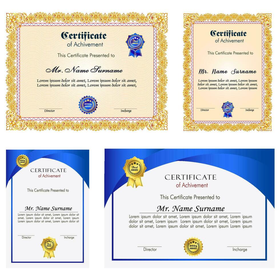 certificado de logro modelo conjunto con oro Insignia y borde, apreciación y logro certificado modelo diseño. elegante diploma certificado modelo vector