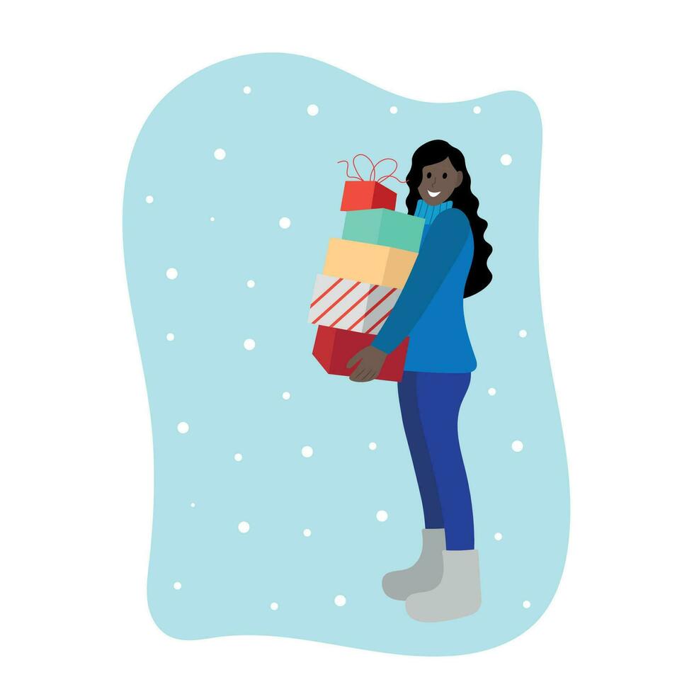 contento negro niña con regalos aislado en blanco, plano vector, Navidad, invierno ilustración vector
