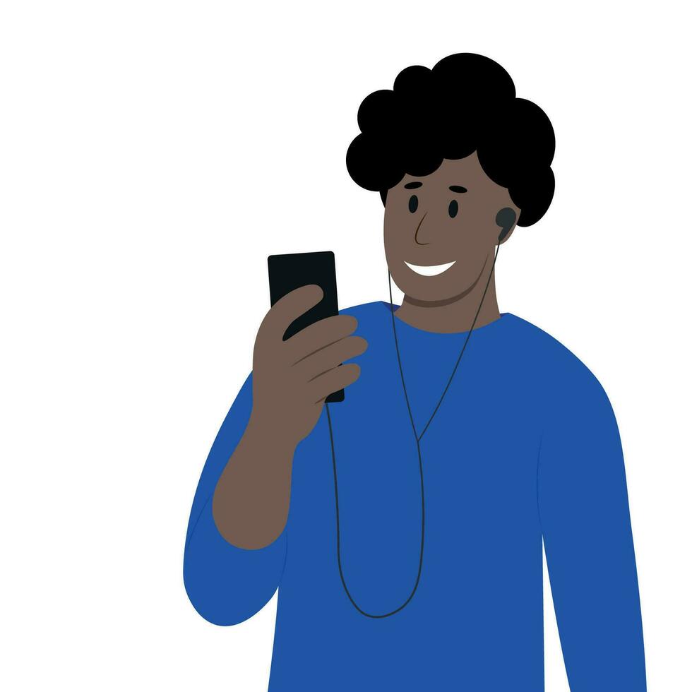 Portrait of a dark-skinned guy with headphones and a phone in his hand, flat vector isolated on white