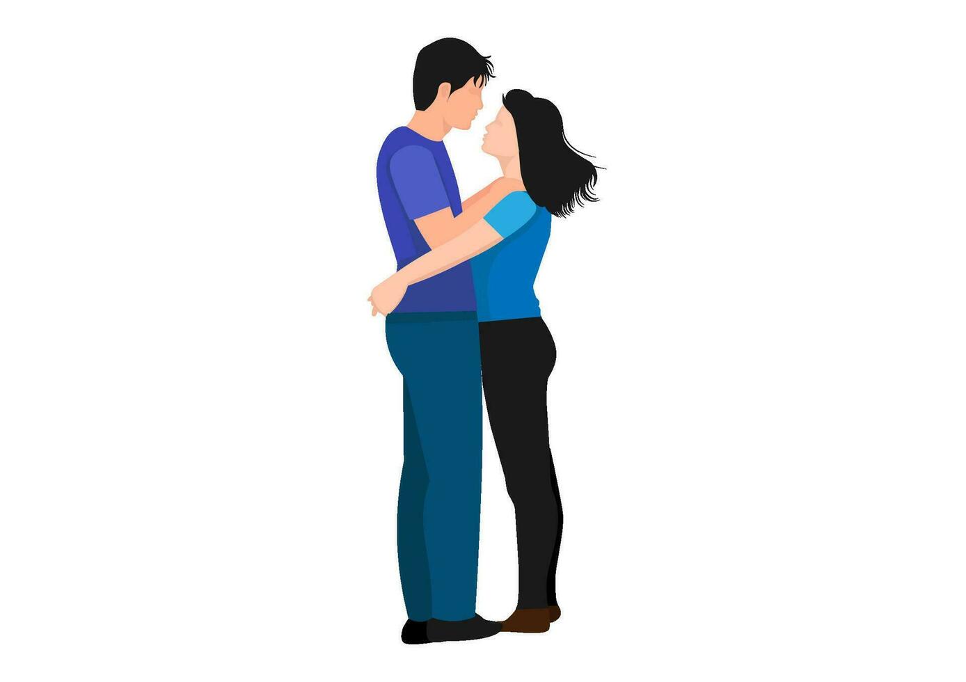 Couple in love. Portrait of a joyful man hugging his girlfriend, standing together, side view in profile, , isolated on white background. vector