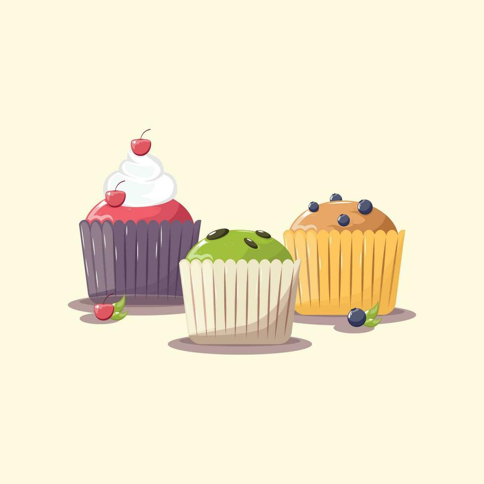Muffin cake in chocholate, green tea, and strawberry flavour vector