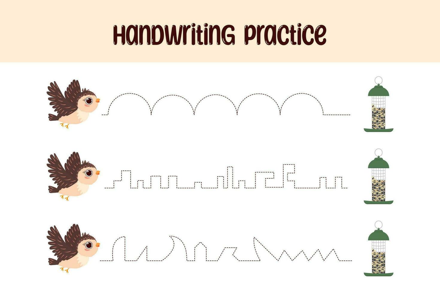 Lines for children with a bird. Handwriting training for preschoolers. Writing Skills Chart. vector