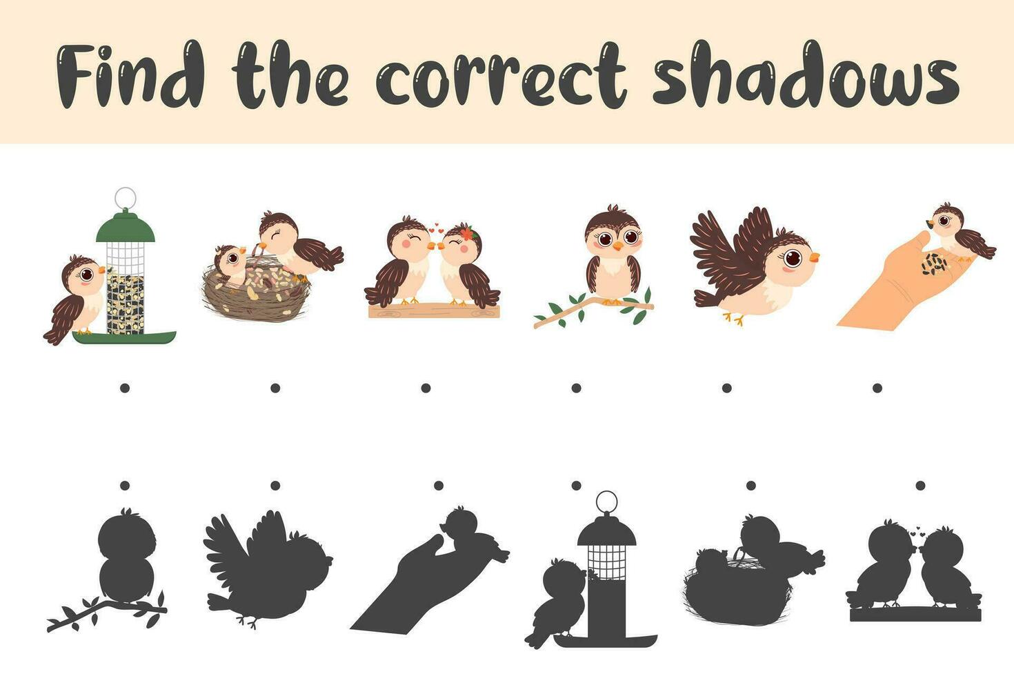 encontrar el correcto sombras.sombra pareo juego con dibujado dibujos animados aves. imprimible educativo página para niños. vector ilustración