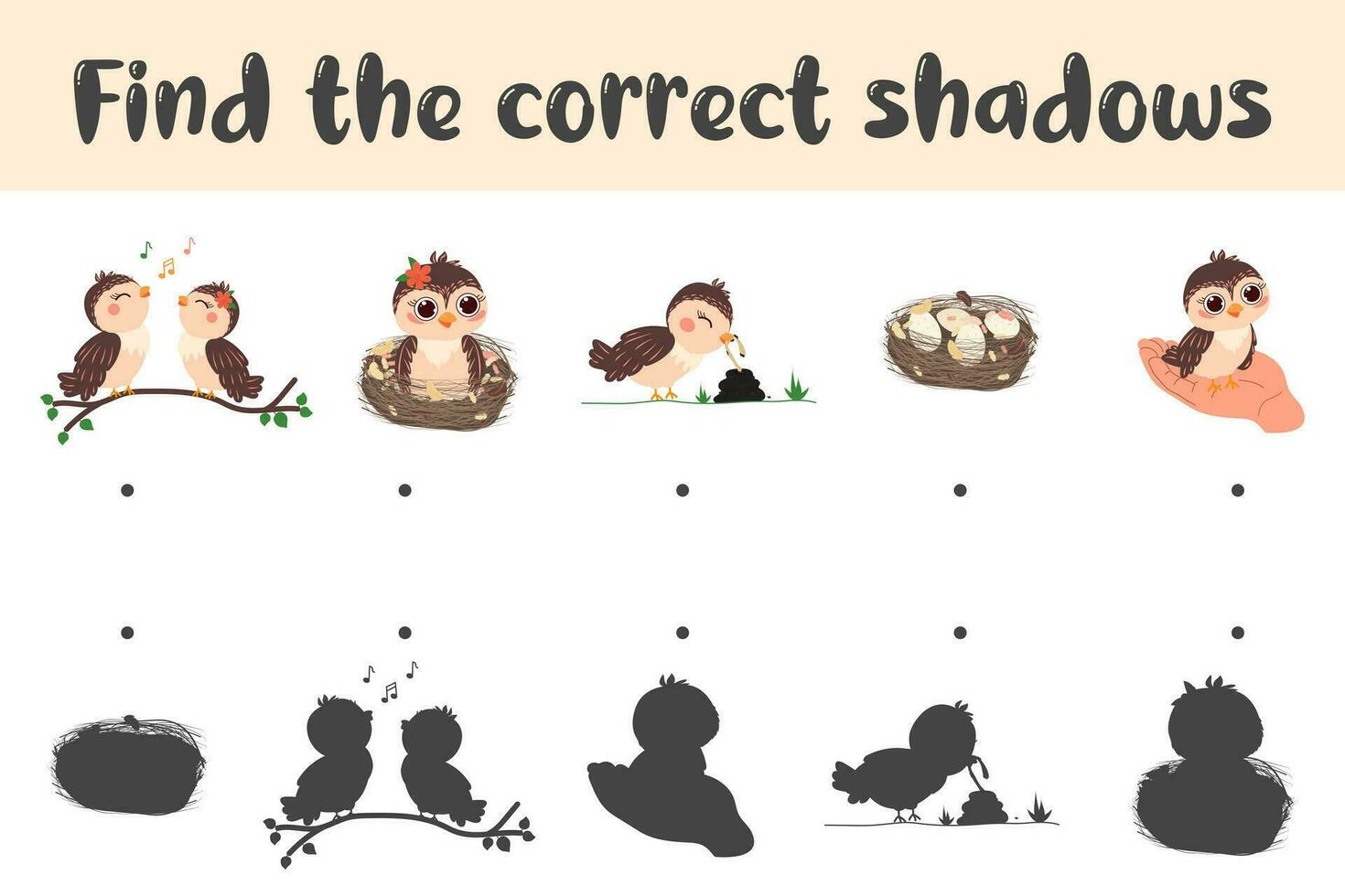 Find the correct shadow of the cute birds. Educational logical game for children. Cartoon birds. vector