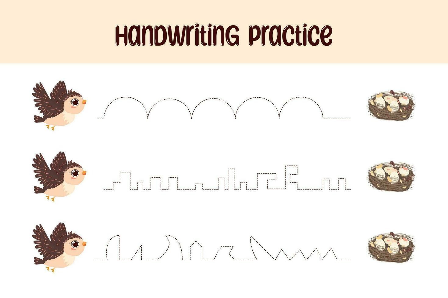 Drawing lines for children. Handwriting practice with a bird. An educational game for preschool children. Sheet for printing pages. Vector illustration.