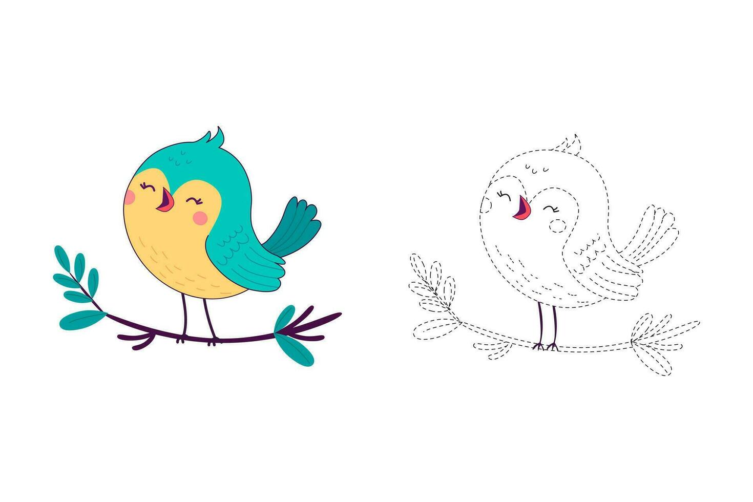 Circle and color a cute cartoon bird. Worksheet for children vector