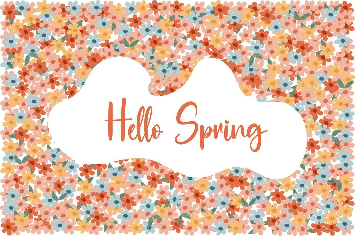 Hello spring, funny banner vector illustration. Seasonal wish with green leaves and flowers for spring holiday greeting card design