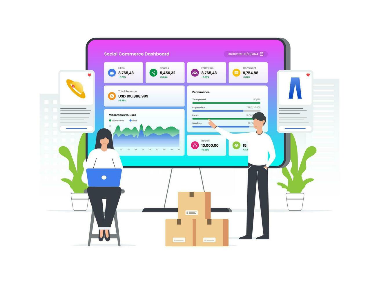 Flat vector illustration of web analytics information dashboard for social commerce website statistic. Man and woman using computer to analyze data on social commerce dashboard.