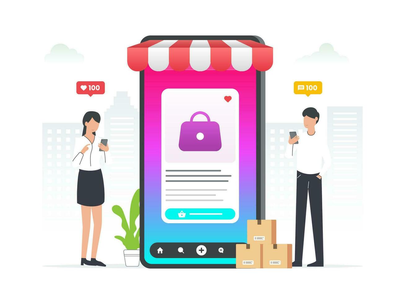 en línea compras utilizando social comercio ilustración. hombre y mujer utilizando teléfono inteligente a comprar producto en social comercio. vector