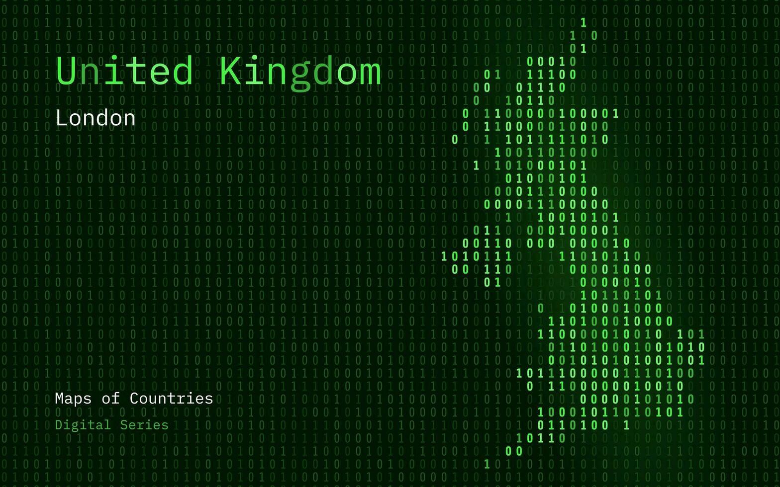 United Kindgom, Great Britain Green Map Shown in Binary Code Pattern. TSMC. Matrix numbers, zero, one. World Countries Vector Maps. Digital Series
