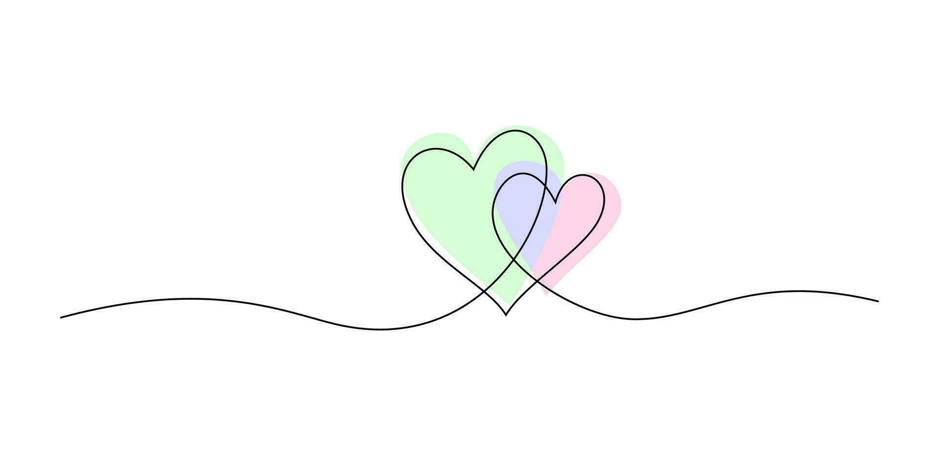 continuo línea dibujo de dos corazones icono con acuarela lugares. fiesta tarjeta, romántico, Boda diseño elementos. símbolo de amor. vector