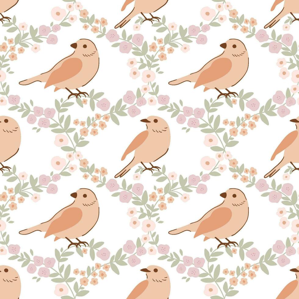 Beige birds seamless pattern with woodland sparrow and flowers. Spring floral damask motif are great for Easter wallpaper, wrap paper, repeat background, textile design. Vector cottagecore print.