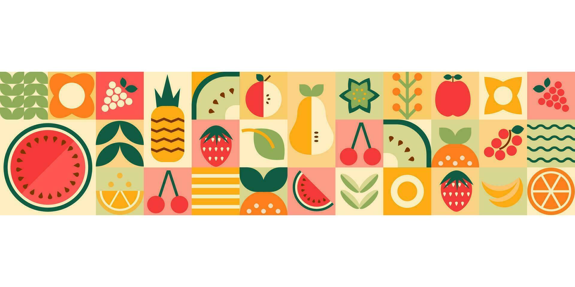 geometría mosaico Fruta sin costura frontera resumen mínimo verano frutas, bayas, hojas repetir bandera. vector natural orgánico planta sencillo formas geométrico ilustración de fruta.