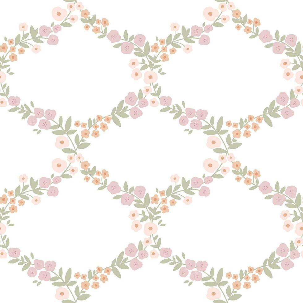 Spring floral cottage core seamless pattern. Garden pastel tiny flowers print hand drawn in vintage romantic style. Vector repeat background for fabric, scrapbook, Easter holiday. Damask grid motif.