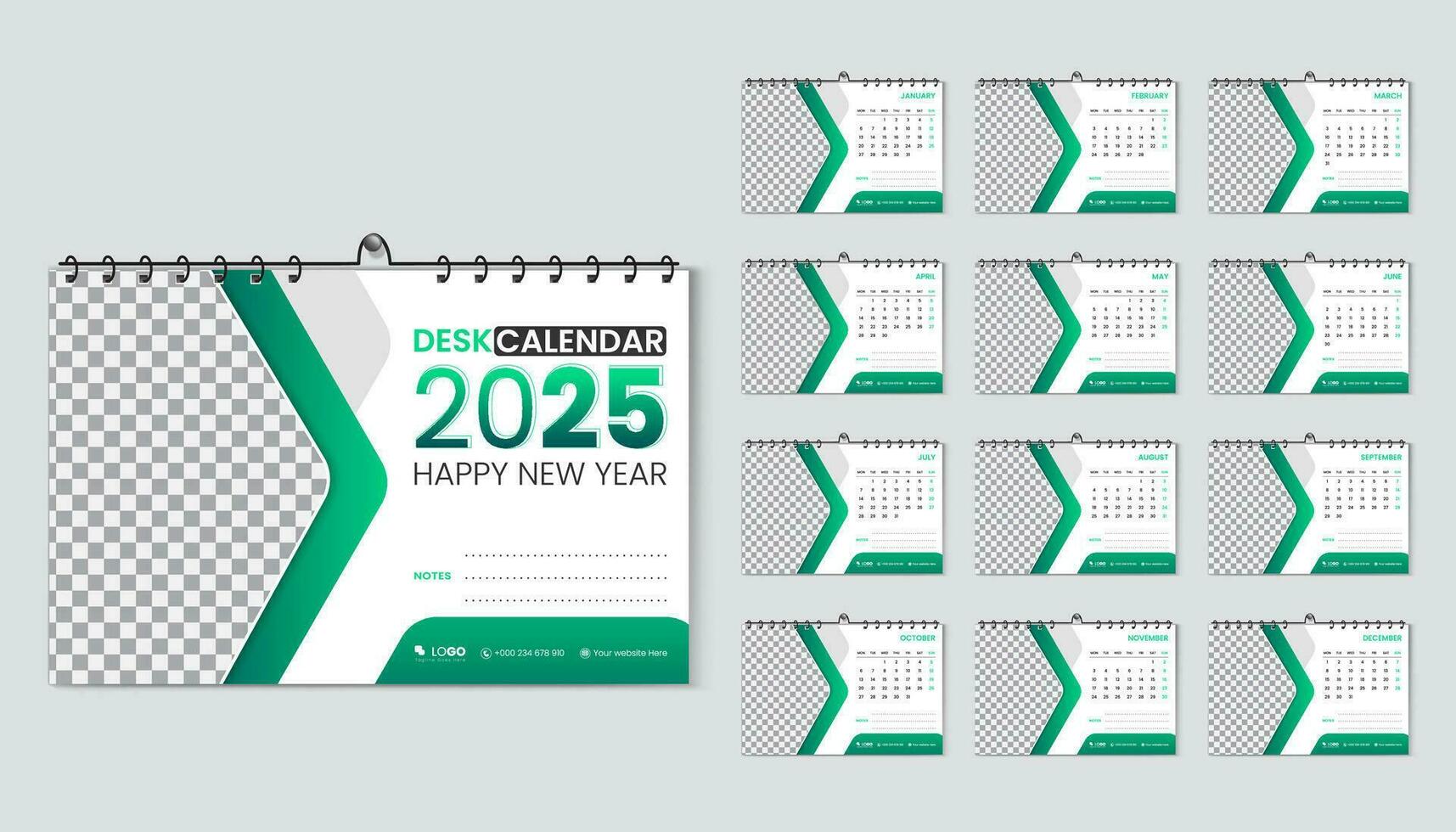 escritorio calendario 2025 planificador diseño modelo en geométrico verde degradado color forma vector