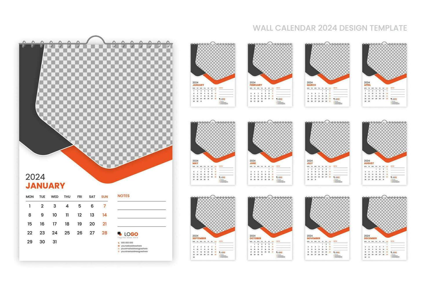 Simple and minimal wall calendar 2024 template design, 2024 planner, corporate creative calendar 2024 week starting from Monday, set of 6 calendars, printing, advertising, stationery, company office vector