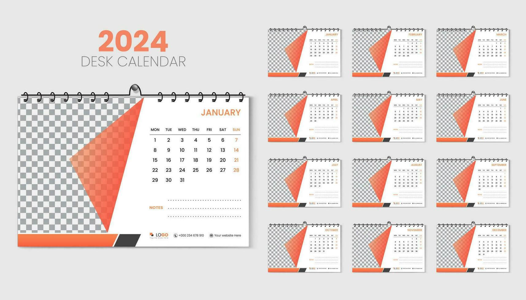 Abstract and cool orange color concept in 2025 desk calendar design vector template