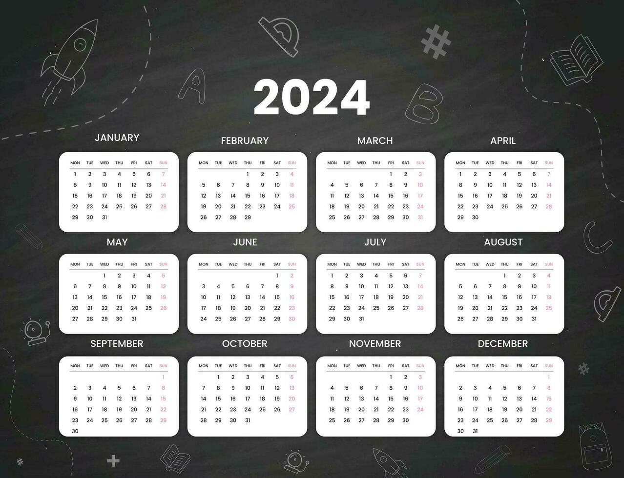 Black minimal 2024 desk calendar template, cool hand drawn school object background design vector