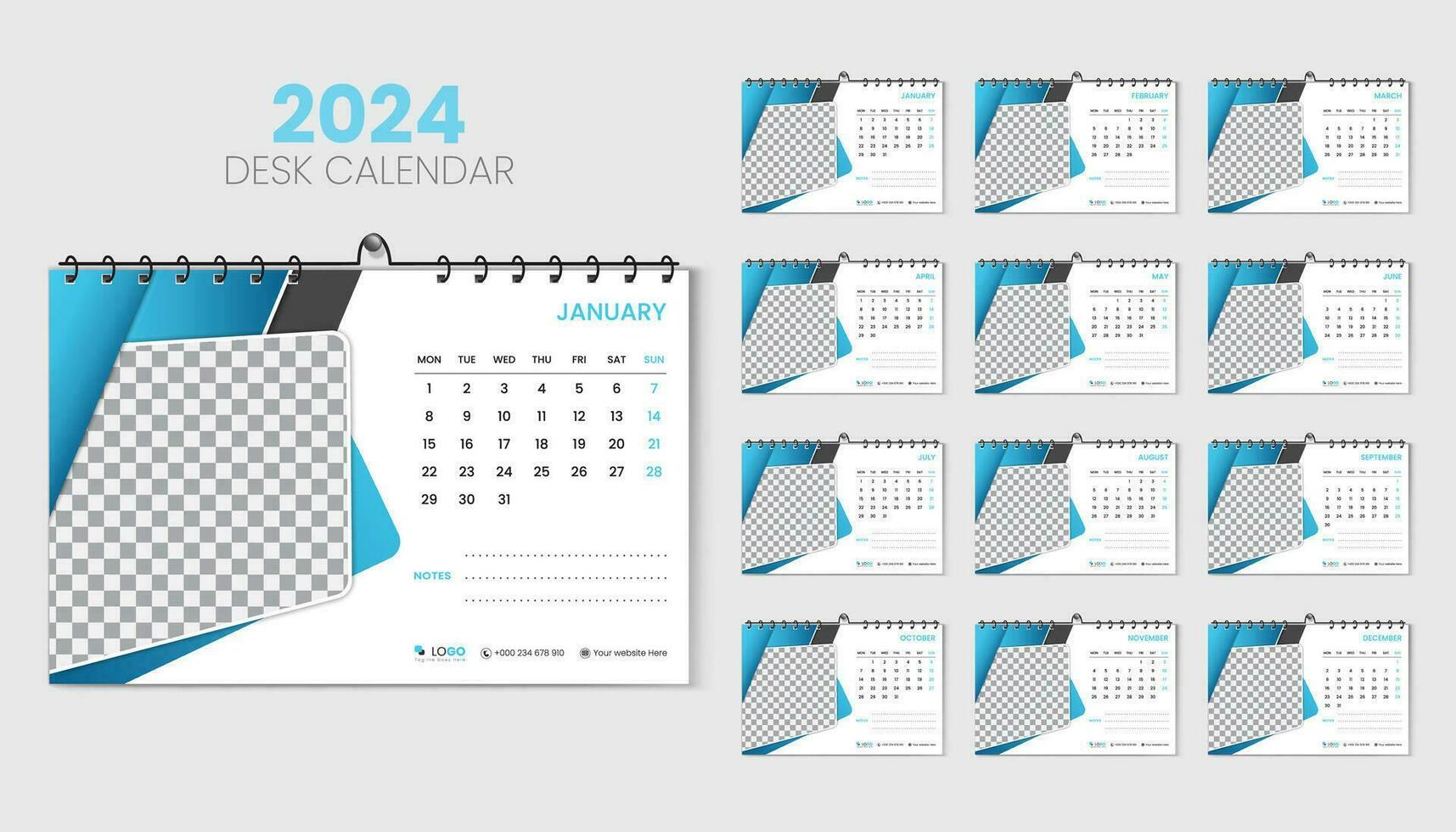 2024 desk calendar template with modern and minimal design in abstract blue color shape vector