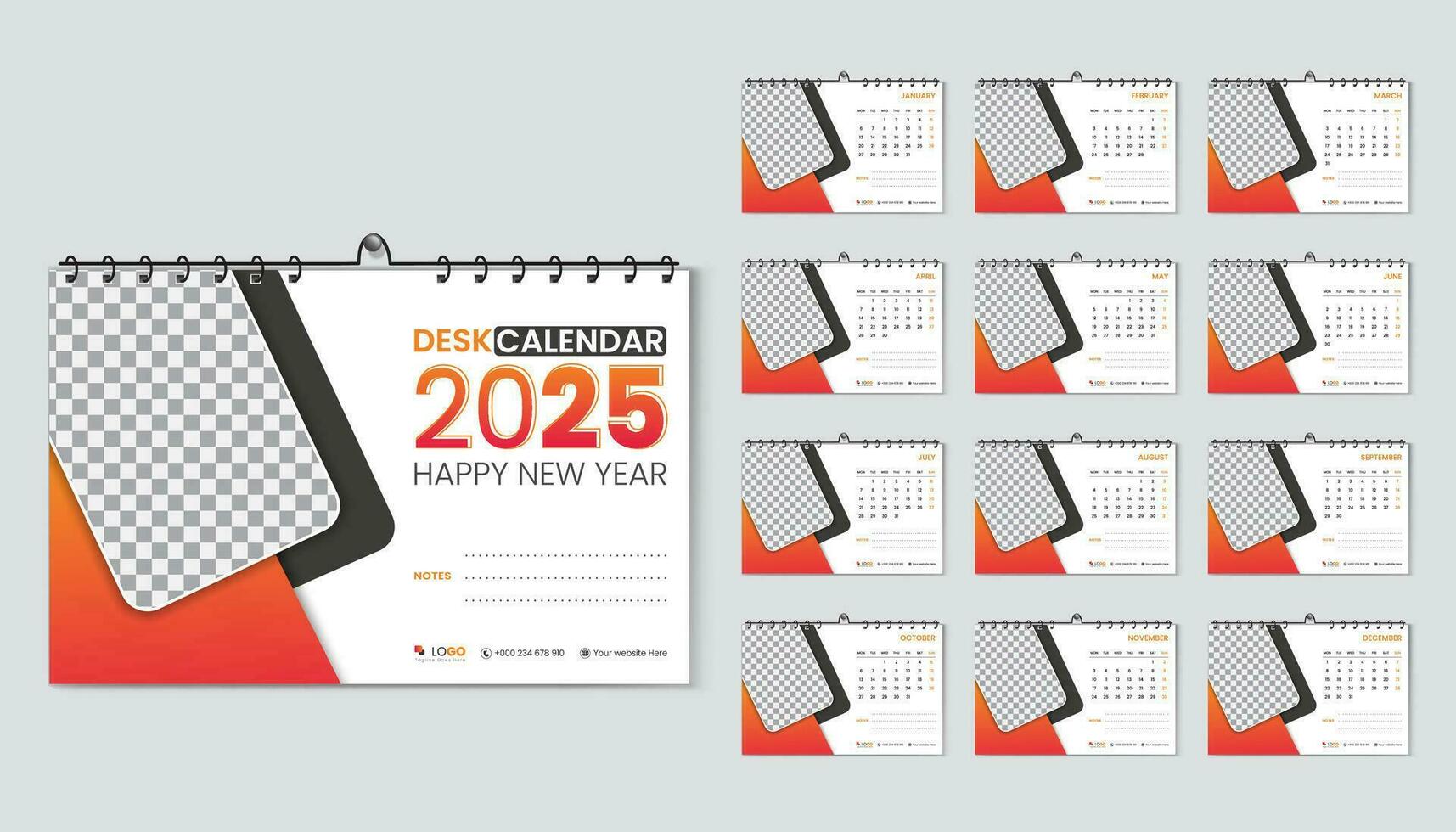 escritorio calendario 2025 planificador y corporativo diseño modelo colocar, anual calendario 2025 para 12 meses, semana empieza lunes, resumen naranja degradado color forma con vector diseño