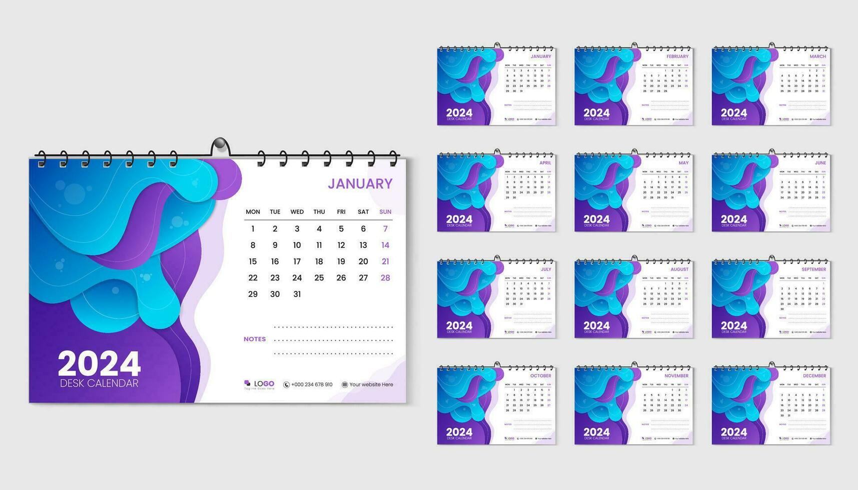 Minimal And Trendy 2024 Desk Calendar Design Template Abstract Fluid Colorful Shapes vector