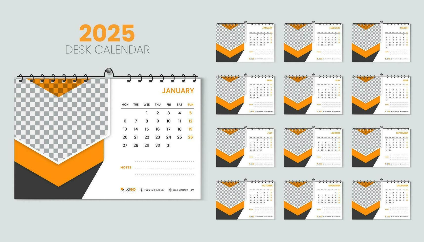 Abstract orange shapes in vector layout desk calendar 2025 design template set