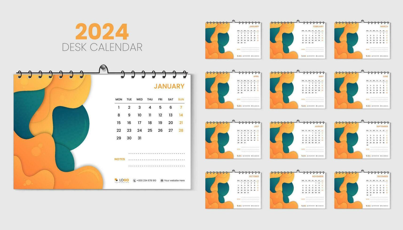 Trendy And Minimal 2024 Desk Calendar Design Template Abstract Orange Fluid Colorful Shape vector