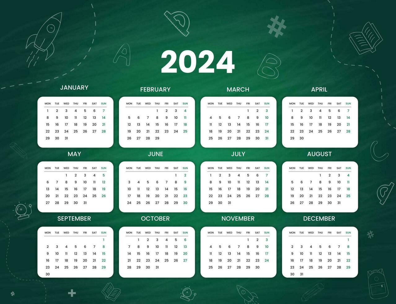 Green minimal 2024 desk calendar template, cool hand drawn school object background design vector